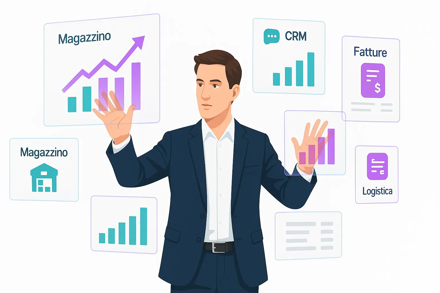 Imprenditore che controlla KPI di magazzino, CRM, fatture e logistica su Odoo ERP